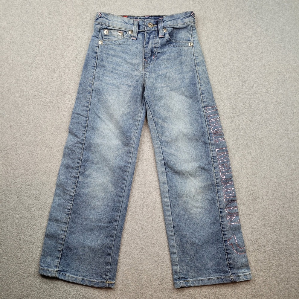 True Religion Leila Jeans Girls Size 7 Blue Pink Rhinestone Mid Rise Wide Leg